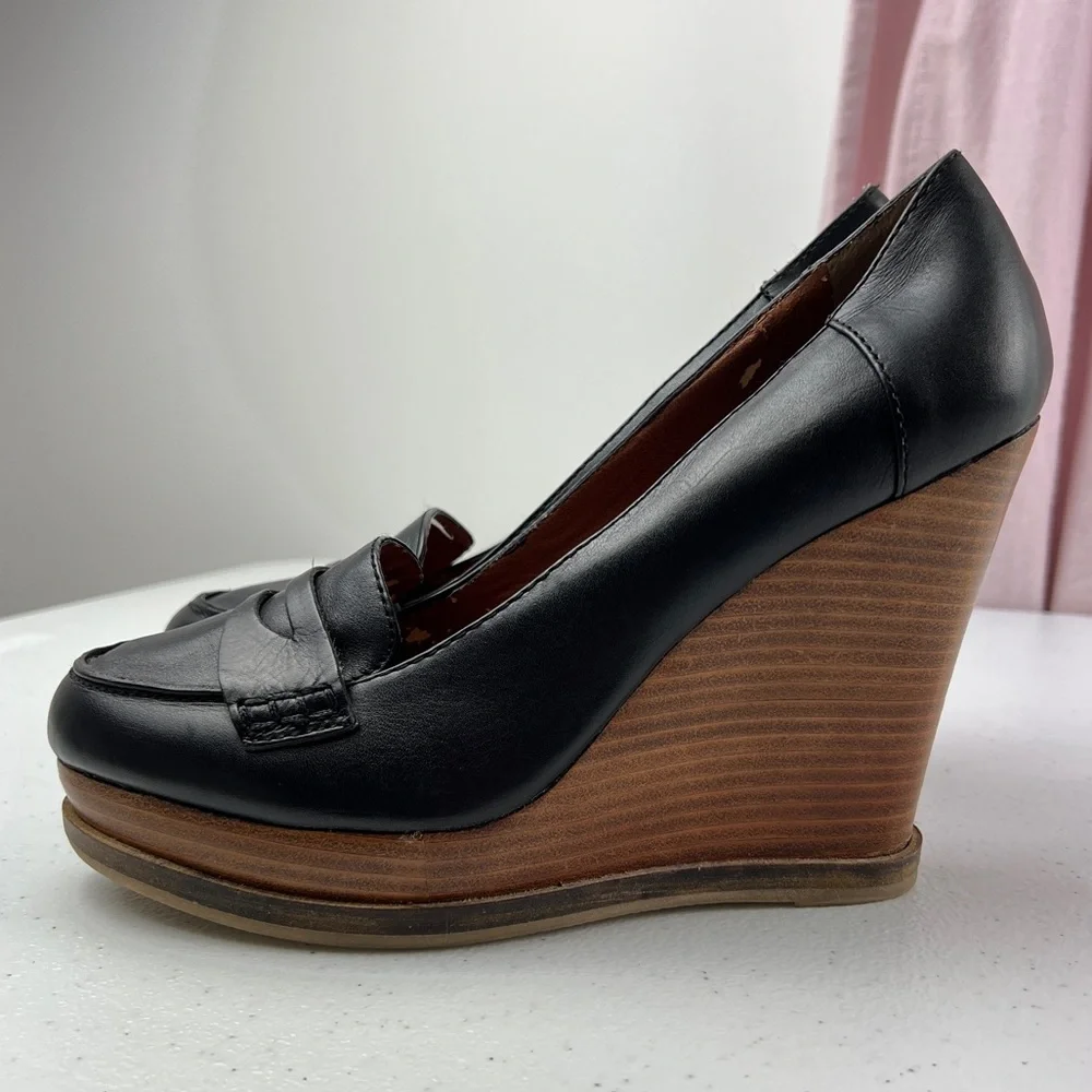 Lucky Brand June Black Leather Platform Wedge Penny Loafers Size 10 - Picture 2 of 13